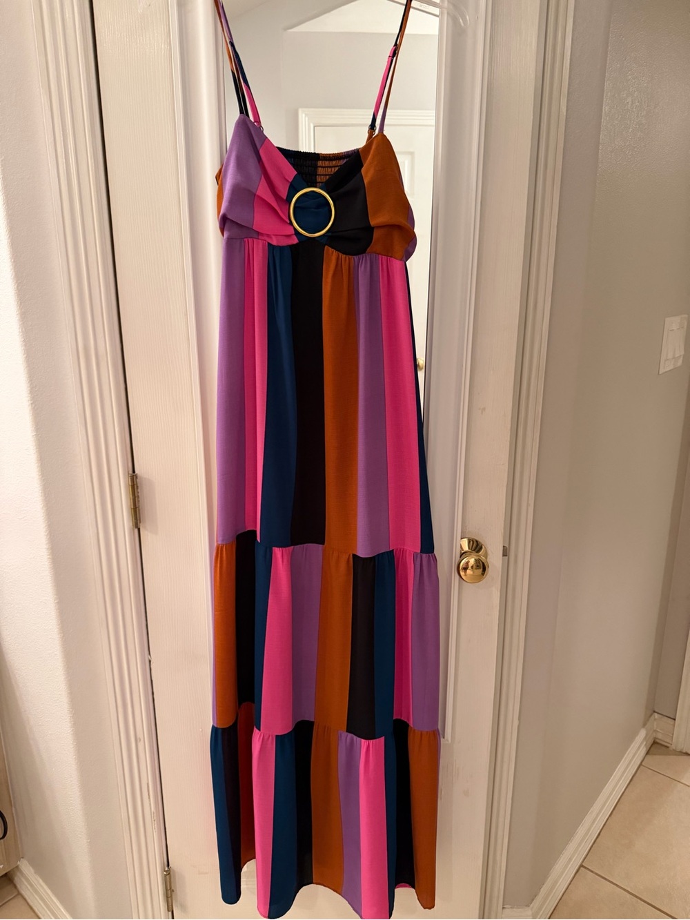Striped Multicolor Maxi Dress with Ring Detail - Pink, Purple, Navy, Rust